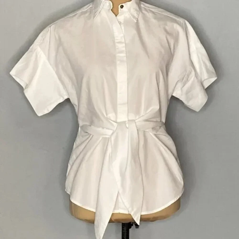 LAUREN Ralph Lauren Tie Front Cotton Short Sleeve Shirt Small Petite - Picture 3 of 8